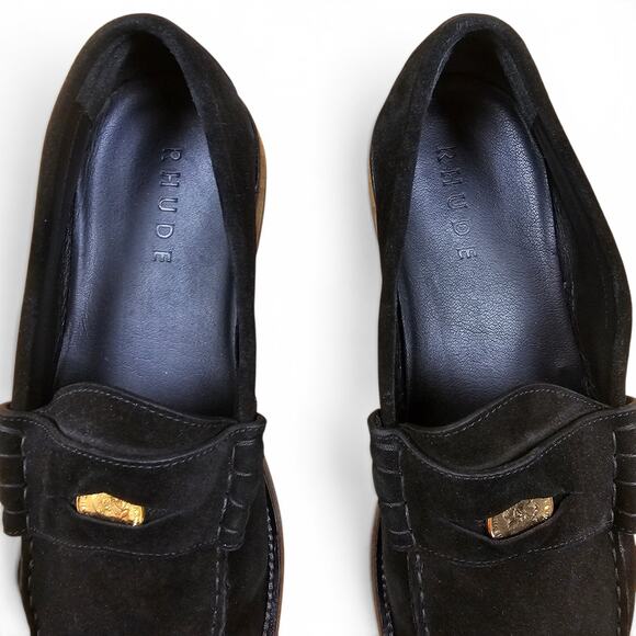 RHUDE Penny Loafers Mens 12 ITALY Black Suede Leather Luxury Designer Minimalist
